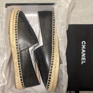 CHANEL Black Leather Espadrille Flats with Rope Sole